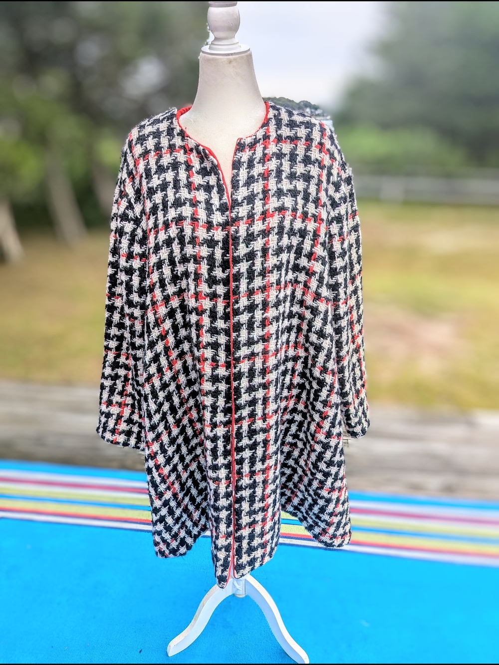 Vintage Black & White Houndstooth Reversible Coat with Red Trim
